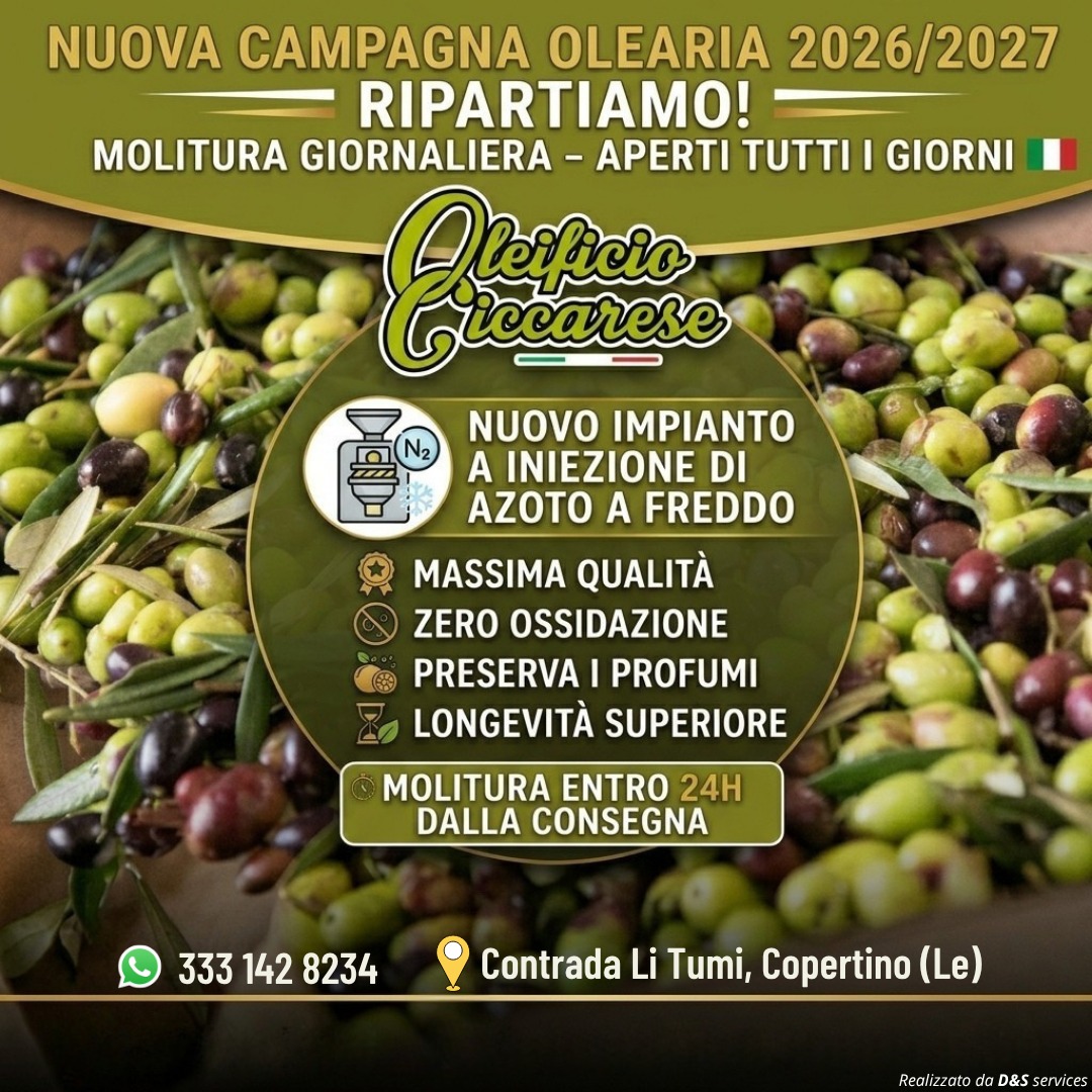 Locandina Ripartiamo: nuova campagna olearia 2026/2027 dell’Oleificio Ciccarese
