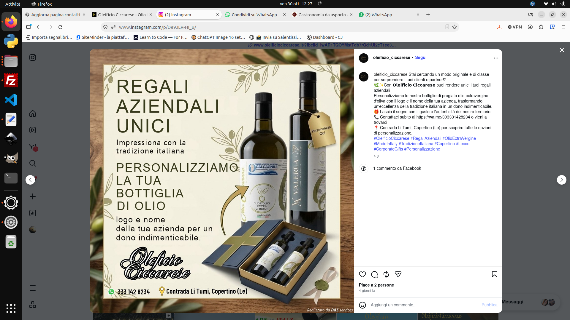 Regali aziendali Oleificio Ciccarese: bottiglie di olio personalizzate con logo e nome dell’azienda
